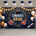 thumbnail image 1 of Gold Glitter Graduation Banner Navy Blue Grad Display White Balloons Graduation Cap Congrats Backdrop for Graduation Party College Grad High School Graduation, 1 of 9