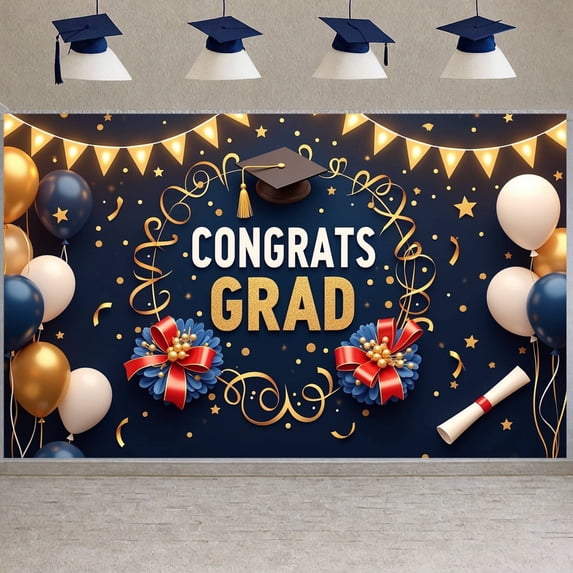 Gold Glitter Graduation Banner Navy Blue Grad Display White Balloons Graduation Cap Congrats Backdrop for Graduation Party College Grad High School Graduation