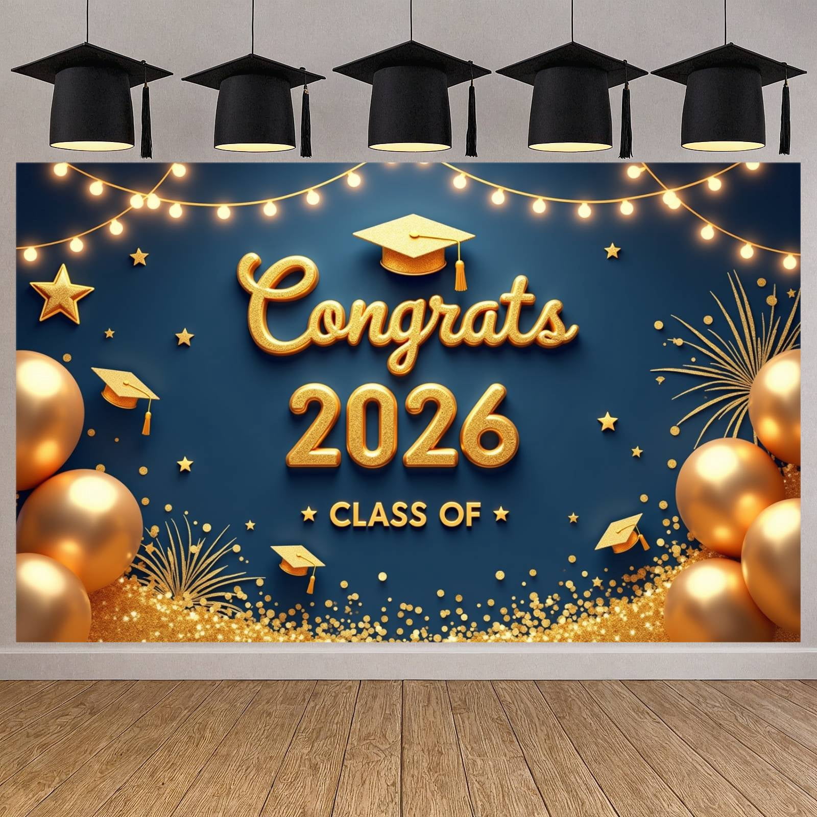 Gold Glitter Graduation Banner Navy Blue Graduation Backdrop Grad Cap ...