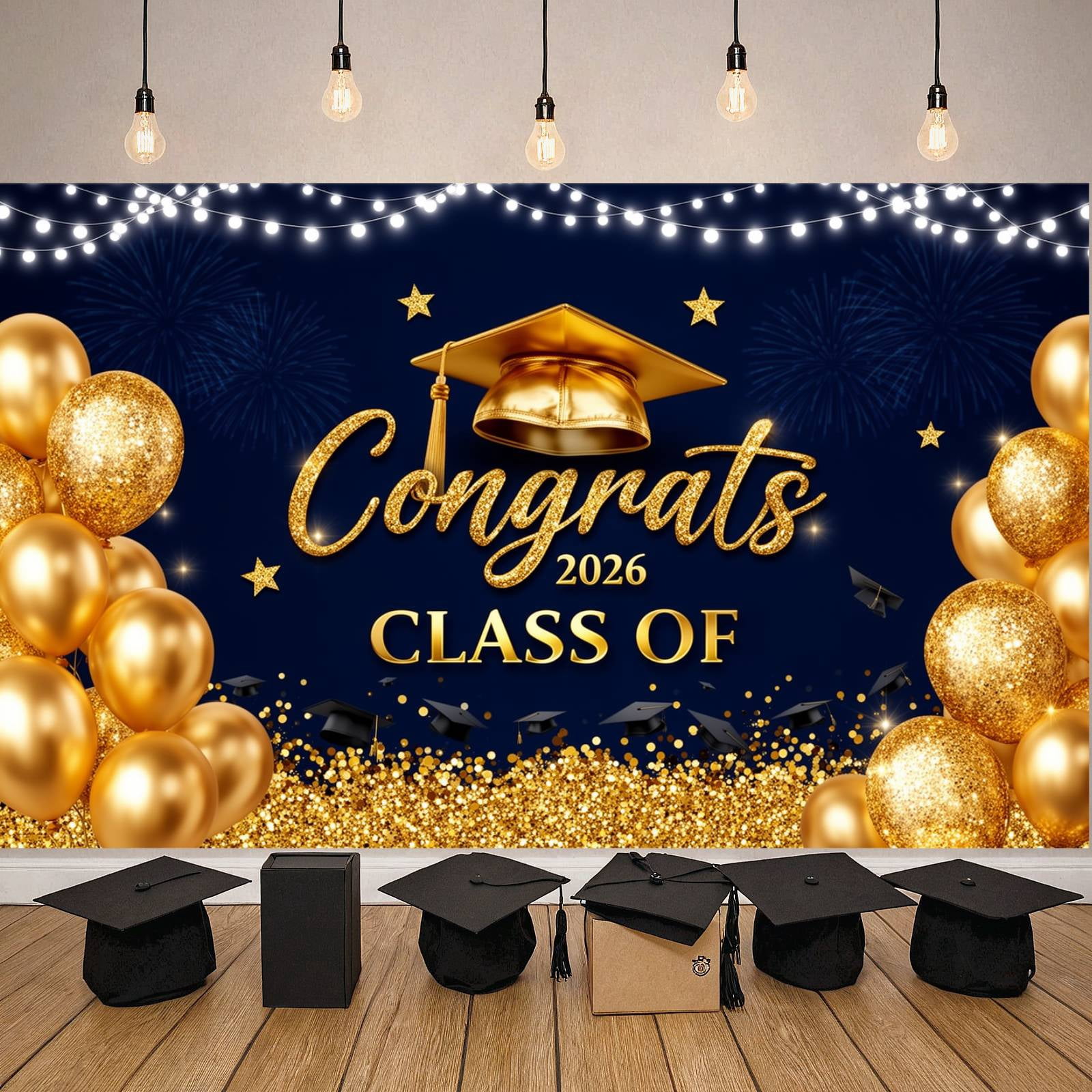 Gold Glitter Graduation Banner Navy Blue Graduation Backdrop Grad Cap ...