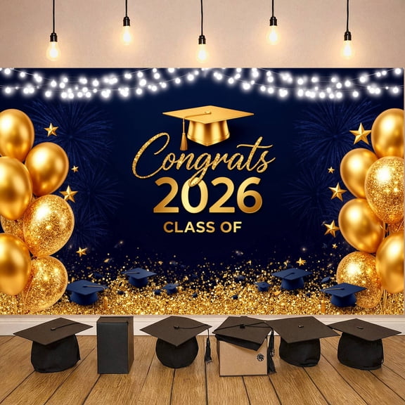 Gold Glitter Graduation Banner Navy Blue Graduation Backdrop Grad Cap Motif Metallic Gold Graduation Display for High School Graduation College Graduation Graduation Party