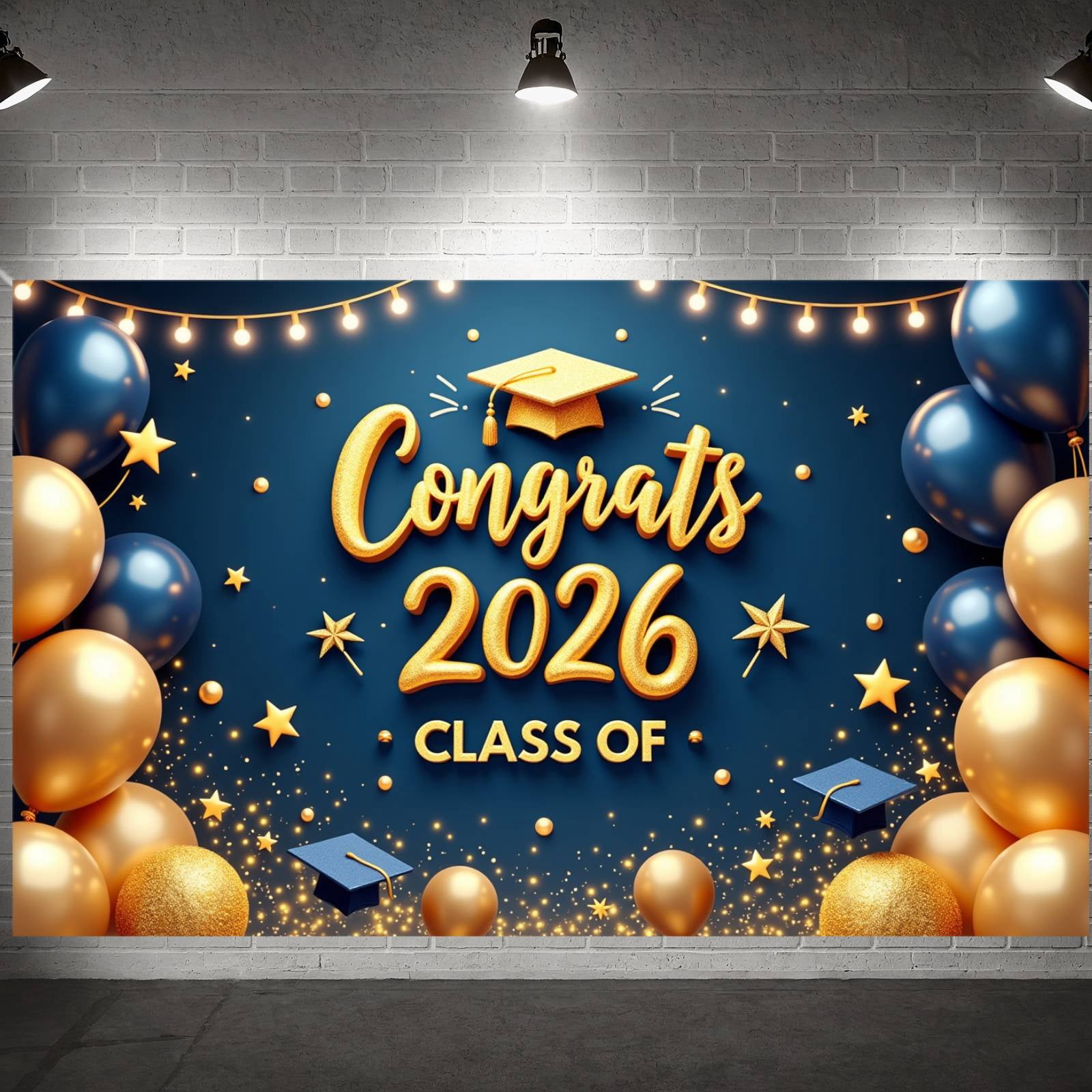 Gold Glitter Graduation Banner Navy Blue Graduation Backdrop Grad Cap ...