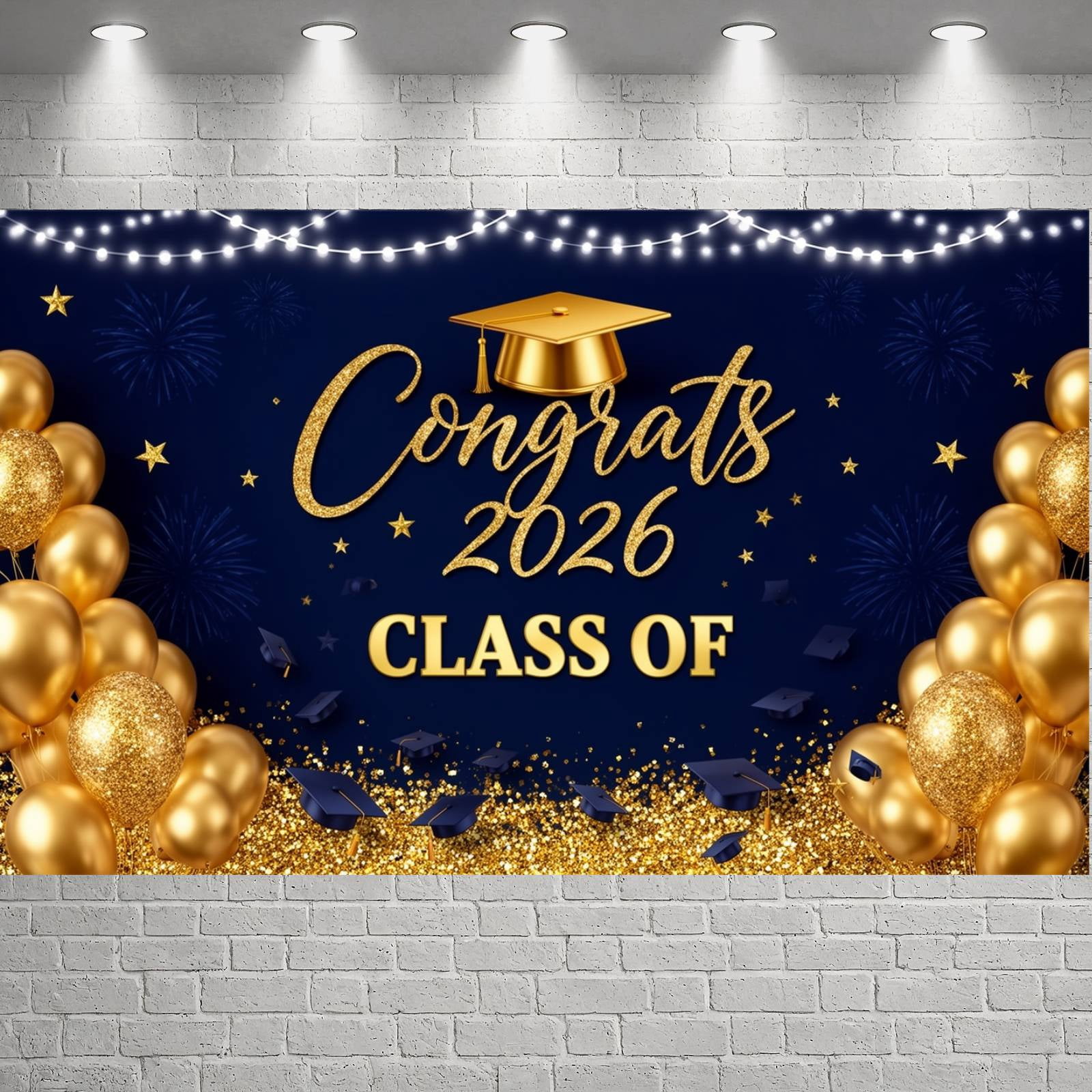 Gold Glitter Graduation Banner Navy Blue Graduation Backdrop Grad Cap ...