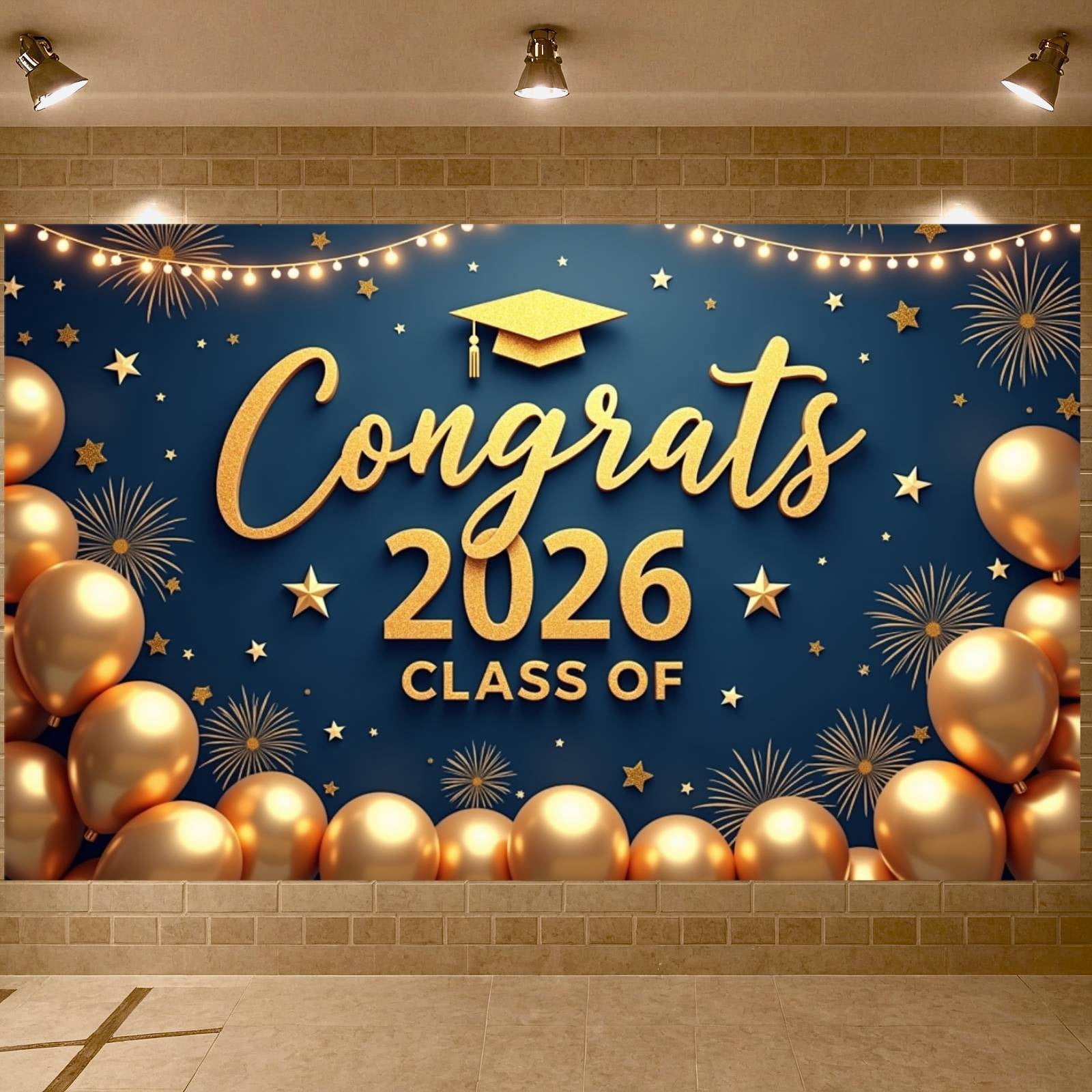 Gold Glitter Graduation Banner Navy Blue Graduation Backdrop Grad Cap ...