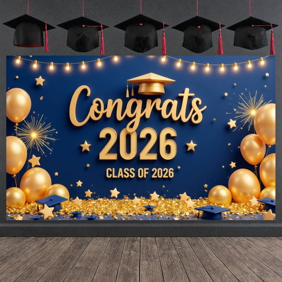 Gold Glitter Graduation Banner Navy Blue Graduation Backdrop Grad Cap Motif Metallic Gold Graduation Display for High School Graduation College Graduation Graduation Party