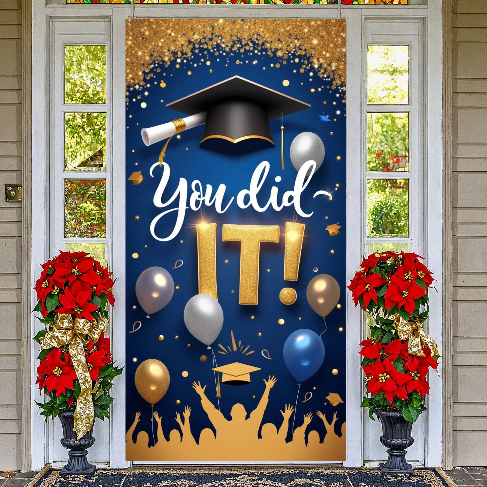 Graduation Flash Color Gold Glitter Graduation Banner Navy Blue Graduation Backdrop Star ...