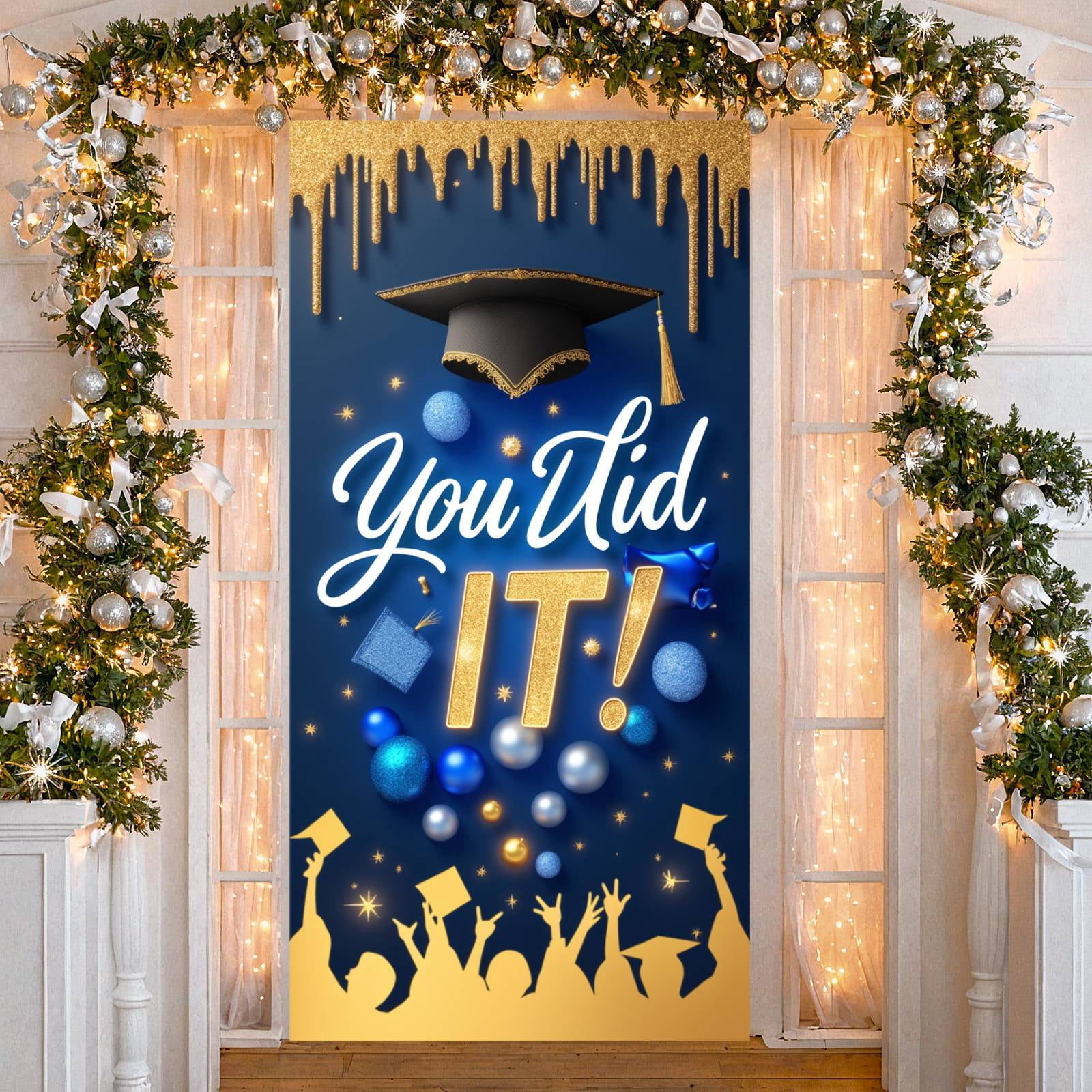 Gold Glitter Graduation Banner Navy Blue Graduation Backdrop Star ...