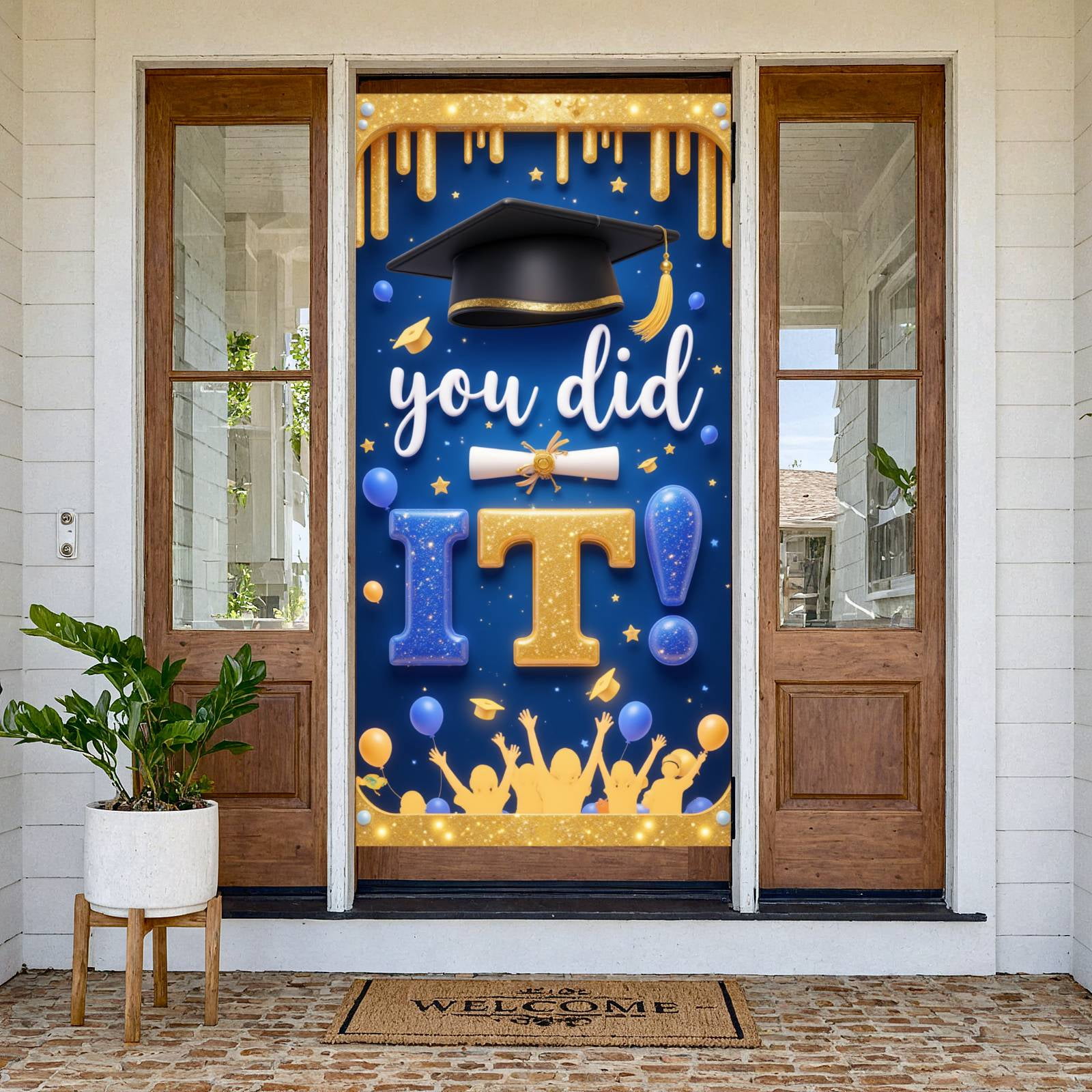 Graduation Window Display Gold Glitter Graduation Banner Navy Blue Graduation Backdrop Star ...