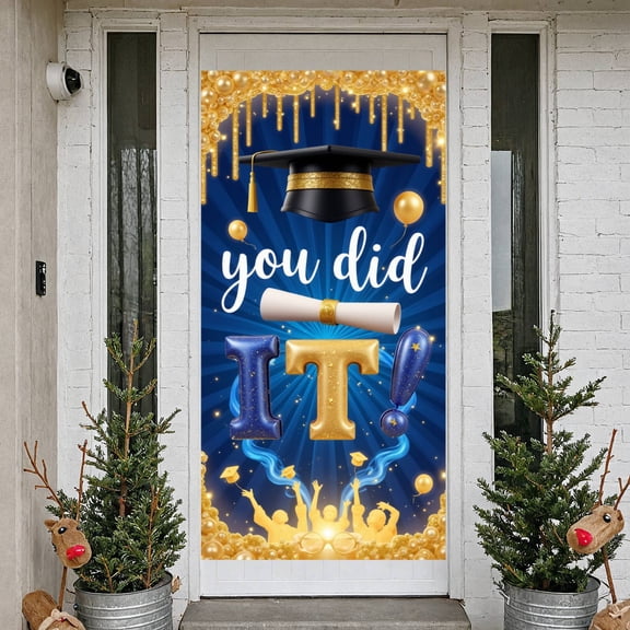 Gold Glitter Graduation Banner Navy Blue Graduation Backdrop Star Decoration Balloon Accent Graduation Display for High School Graduation College Graduation Indoor Celebration