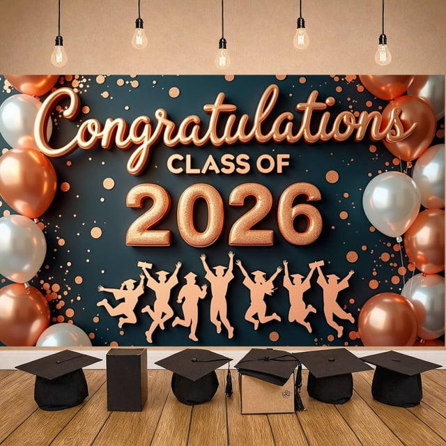 Gold Glitter Graduation Banner Silver Balloons Class of 2026 Banner ...