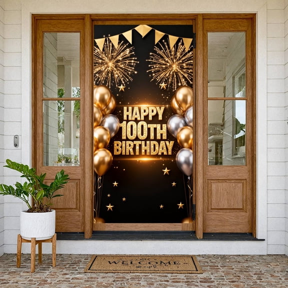Gold Glitter Happy 100th Birthday Banner Black Gold Milestone Birthday Display Sparkle Fireworks Luxury Design for 100th Birthday Party Indoor Banquet Family Gathering