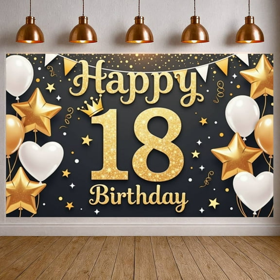 Gold Glitter Happy 18th Banner Royal Crown 18th Birthday Display Golden Stars White Balloons Gold Star Backdrop for 18th Birthday Party Adult Celebration Birthday Photo Shoot