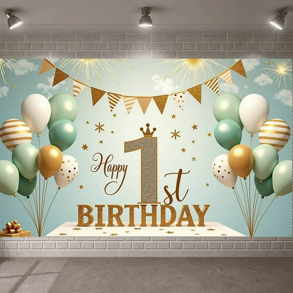 Gold Glitter Happy 1st Birthday Banner Mint Green First Birthday Display Balloon Decoration Star Pattern 1st Birthday Backdrop for 1st Birthday Party Baby's First Birthday Photo Shoot Backdrop