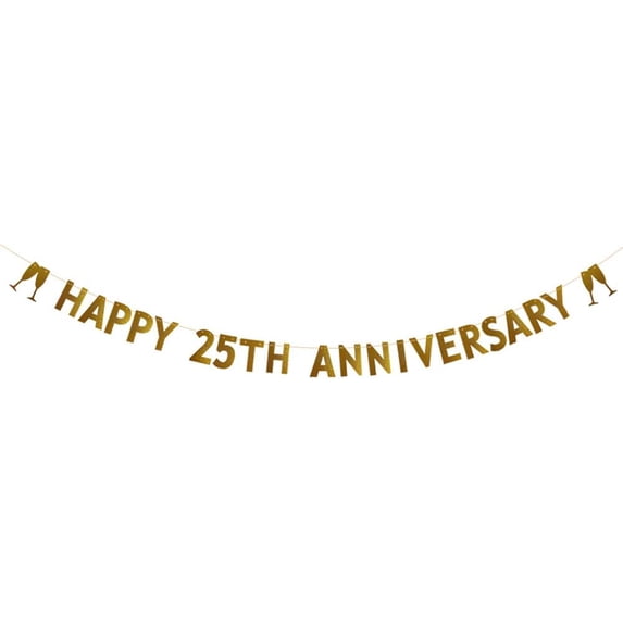 Gold Glitter Happy 25th Anniversary Banner,25th Wedding Anniversary Party Decorations Supplies, Pre-Strung, Gold Glitter Paper Garlands Backdrops,Letters Gold Happy 25TH Anniversary