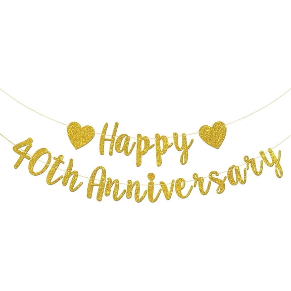 Gold Glitter Happy 40th Anniversary Banner with Heart Cutouts, 40th Wedding Anniversary Party Decor Supplies