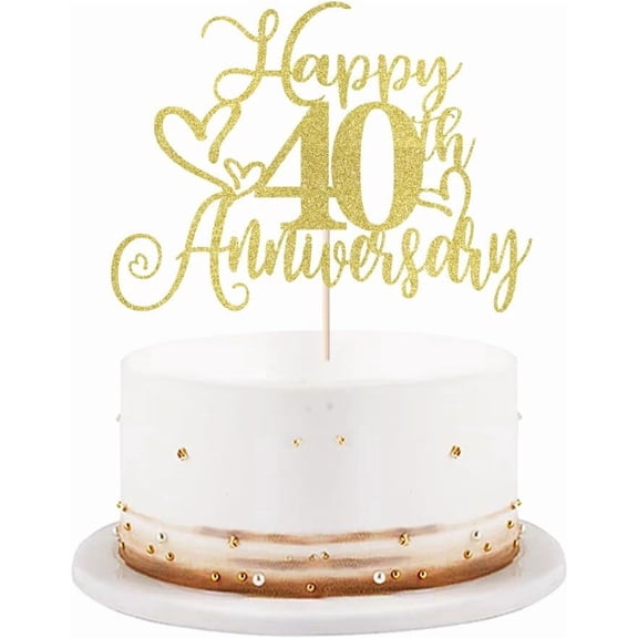 Gold Glitter Happy 40th Anniversary Cake Topper, Heart Accent Cake Pick for Ruby Wedding Anniversary Celebration Cake Decor 1 Count