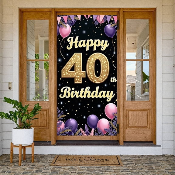 Gold Glitter Happy 40th Banner Pink Purple Balloons 40th Birthday Display Starry Design Black Background Birthday Backdrop for 40th Birthday Party Adult Celebration Home Party
