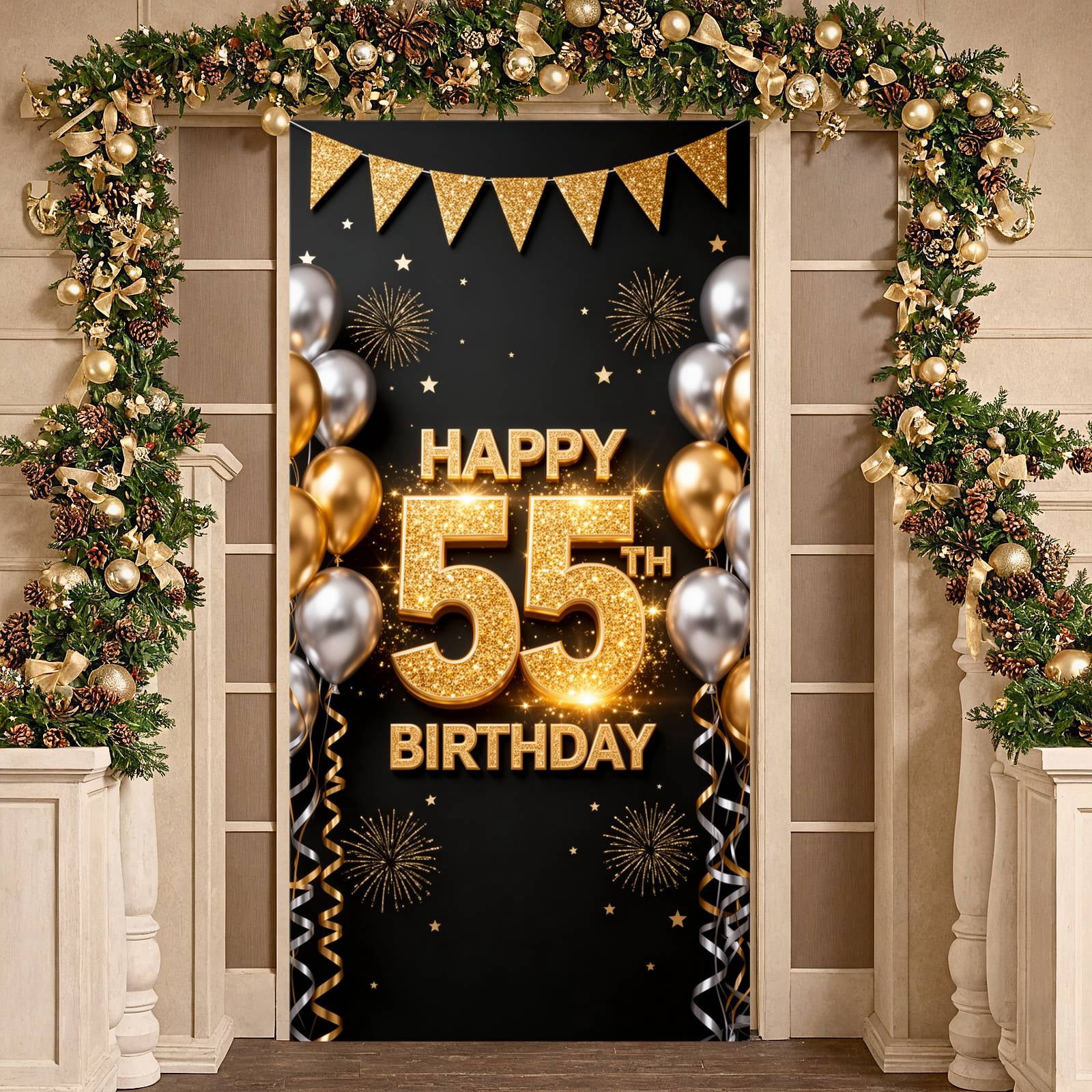 Gold Glitter Happy 55th Birthday Banner Black Background 55th Birthday ...