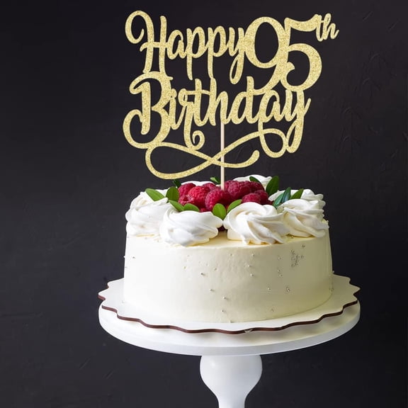 Gold Glitter Happy 95th Birthday Cake Topper, Cursive Script Ninety-Fifth Milestone Birthday Cake Pick for Grandparent Birthday Decor 1 Pack