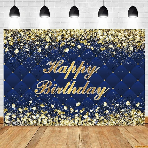 Gold Glitter Happy Birthday Backdrop Adult Dark Blue Heardboard Background for Photo Studio Photocall Wom diamonds decoration