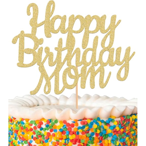 Gold Glitter Happy Birthday Mom Cake Topper, Cursive Script Cake Pick Decor for Mother Birthday Party Cake Decorations,1 Pack