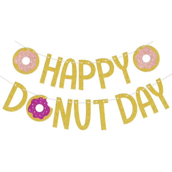 Gold Glitter Happy Donut Day Banner with Donut Cutouts, National Donut Day Sweet Food Party Supplies