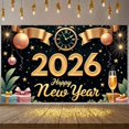 thumbnail image 1 of Gold Glitter Happy New Year Banner Clock Design 2026 New Year Display Decorative Ornaments Firework Pattern New Year Backdrop for New Year Party 2026 Celebration Holiday Gathering, 1 of 9