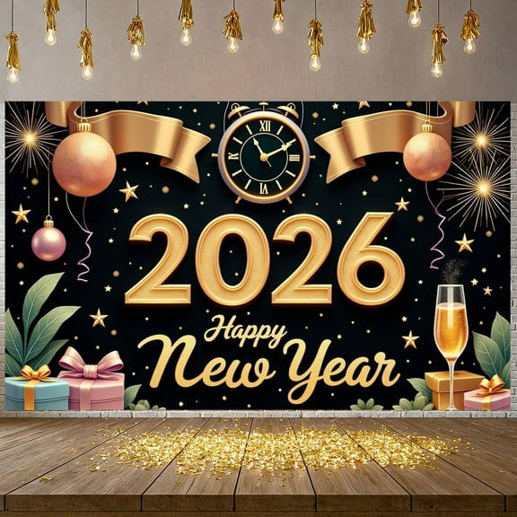Gold Glitter Happy New Year Banner Clock Design 2026 New Year Display Decorative Ornaments Firework Pattern New Year Backdrop for New Year Party 2026 Celebration Holiday Gathering