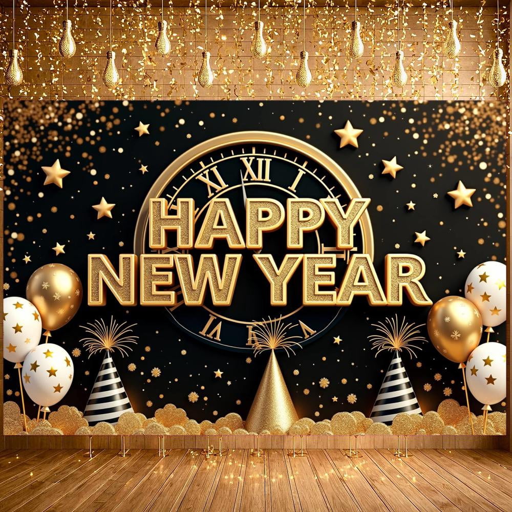 Gold Glitter Happy New Year Banner Clock Design New Year Banner Star ...