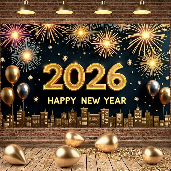 Gold Glitter Happy New Year Banner Fireworks Design 2026 New Year Display Star Pattern Metallic Balloons New Year Celebration Backdrop for New Year Party Holiday Celebration Eve Gathering