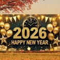 thumbnail image 1 of Gold Glitter Happy New Year Banner Golden Balloons 2026 New Year Display Vintage Clock Gift Boxes Gold New Year Backdrop for New Year Party Holiday Celebration New Year Eve, 1 of 9