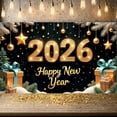 thumbnail image 1 of Gold Glitter Happy New Year Banner Golden Stars Festive Backdrop Gift Box Decor Shiny Lights 2026 Celebration Display for New Year Party Holiday Gathering Photo Shoot, 1 of 9