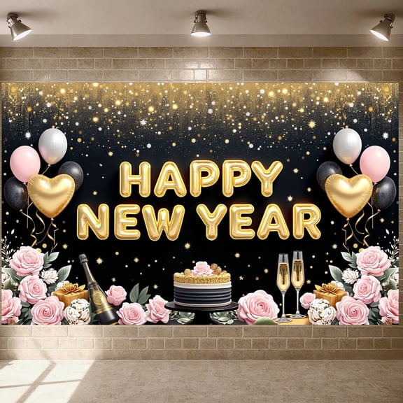 Gold Glitter Happy New Year Banner Pink Balloons Festive Backdrop Heart-shaped Balloons Roses Decor Celebration Background for New Year Party Holiday Celebration Indoor Decoration
