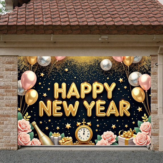Gold Glitter Happy New Year Banner Pink Roses New Year Display Metallic Balloons Star Decorations Festive Backdrop for New Year Party Holiday Celebration Indoor Decoration