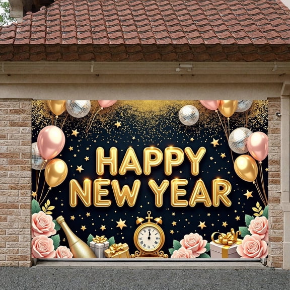 Gold Glitter Happy New Year Banner Pink Roses New Year Display Metallic Balloons Star Decorations Festive Backdrop for New Year Party Holiday Celebration Indoor Decoration