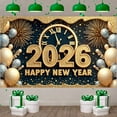 thumbnail image 1 of Gold Glitter Happy New Year Banner Silver Balloons 2026 New Year Display Fireworks Design Clock Pattern New Year Backdrop for New Year Party Holiday Celebration Indoor Decoration, 1 of 8