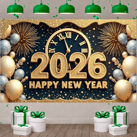 Gold Glitter Happy New Year Banner Silver Balloons 2026 New Year Display Fireworks Design Clock Pattern New Year Backdrop for New Year Party Holiday Celebration Indoor Decoration