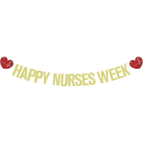 Gold Glitter Happy Nurses Week Banner with ECG Heart Cutouts, Nurse Appreciation Week Party Decorations