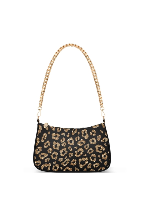 Gold Glitter Leopard Womens Chain Shoulder Bag Tote Handbag Clutch Hobo Purse with Zipper for Travel Casual