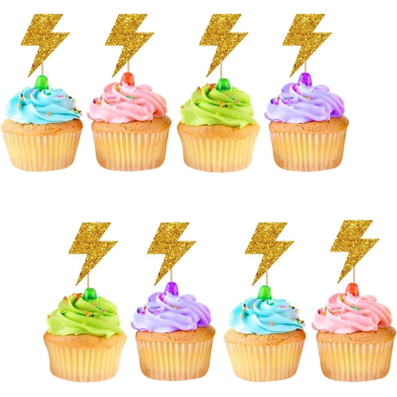 Gold Glitter Lightning Bolt Cupcake Toppers, Baby Shower and 1st Birthday Party Decorations, 12 Pack