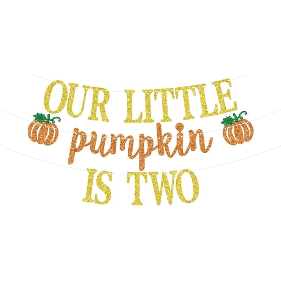 Gold Glitter Our Little Pumpkin is Two Banner, Little Pumpkin 2nd Birthday Hanging Decorations, Fall Thanksgiving/Halloween Babys Second Birthday Baby Shower Party Decorations Supplies for Kids