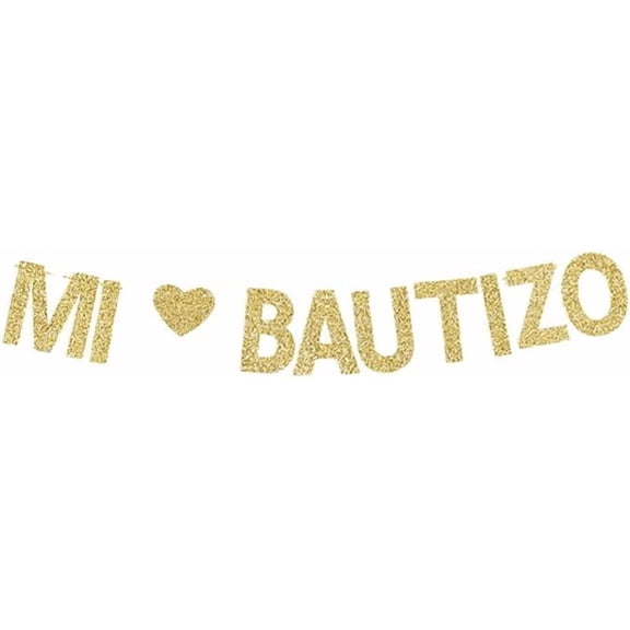 Gold Glitter "MI BAUTIZO" Banner with Heart, Spanish Baptism Party Decorations