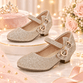 thumbnail image 1 of Gold Glitter Mary Jane Dress Shoes for Girls with Rhinestone Bow Size 13, Little Kids Low Block Heel Princess Party Shoes, 1 of 7