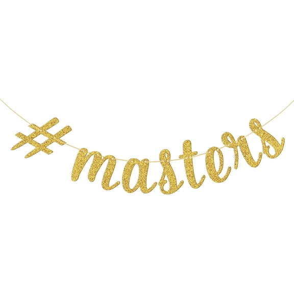 Gold Glitter #Masters Banner, Master Degree Graduation Party Decorations, PreStrung Cursive Letter Garland with Hashtag Cutout for Masters Graduation Photo Booth Supplies