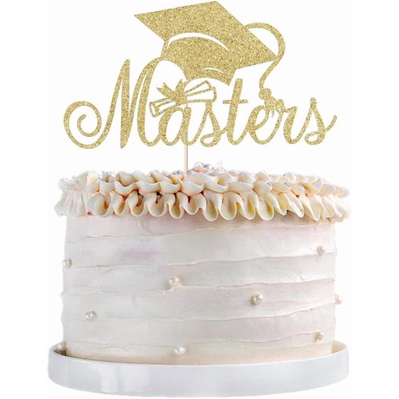 Gold Glitter Masters Graduation Cake Topper, Graduation Cap Diploma Design Cake Decor Pick for Master Grad Party 1 Pack