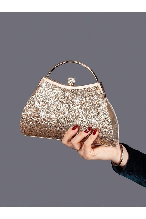 Gold Glitter Metal Frame Clutch Evening Handbag With Crystal Top Handle