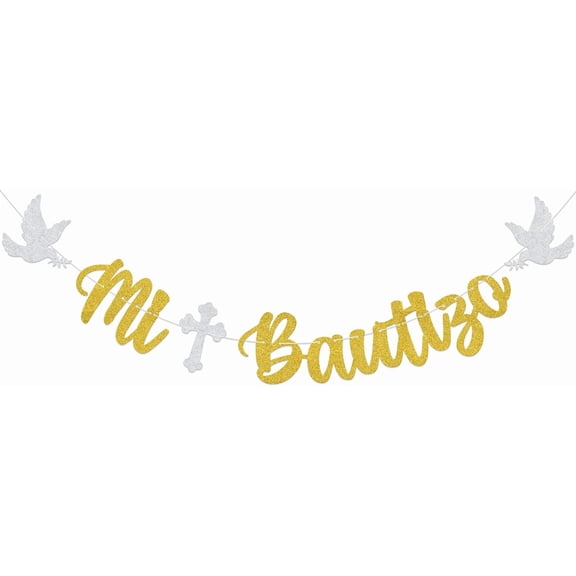 Gold Glitter "Mi Bautizo" Banner with Cross & Dove Decorations, Spanish Baptism / Christening Party Supplies