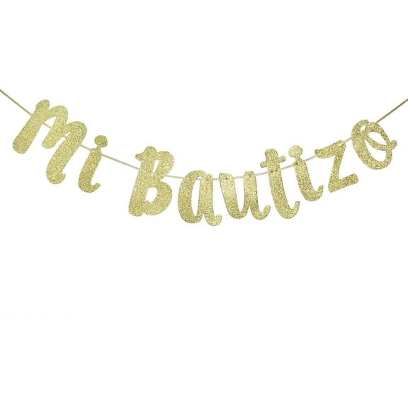 Gold Glitter Mi Bautizo Cursive Letter Banner, Spanish Baptism Christening Party Wall Decor Garland
