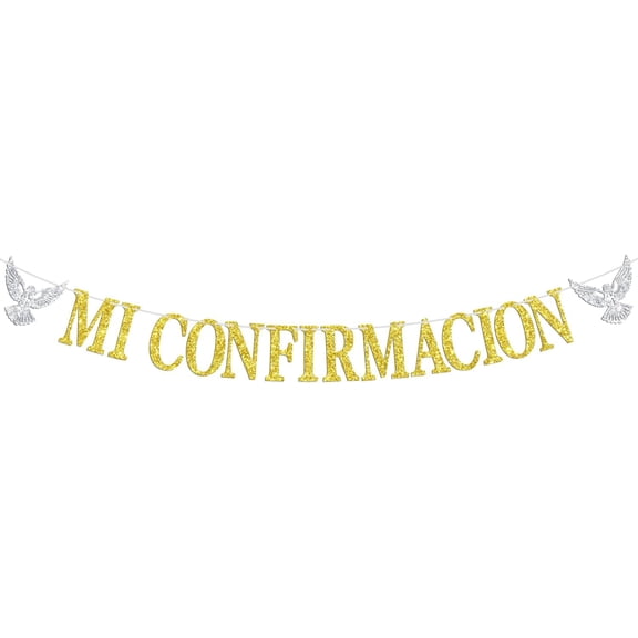 Gold Glitter Mi Confirmacion Banner with Silver Dove Cutouts, Spanish Catholic Confirmation Religious Party Decorations