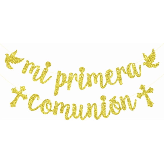 Gold Glitter "Mi Primera Comunin" Banner with Dove and Cross Decorations, First Communion Party Supplies (Spanish)